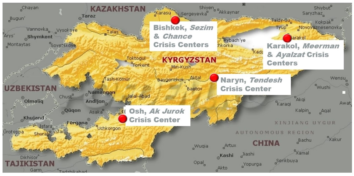 Kyrgyz map and partner Crisis Centers involved in the WINGS SUNFLOWER first year implementation: “Ak Jurok” (the town of Osh), “Ayalzat” and “Meerman” (the town of Karakol), “Tendesh” (the town of Naryn), and “Sezim” and “Chance” (the town of Bishkek). map showing locations of partner crisis centers in Kyrgyzstan