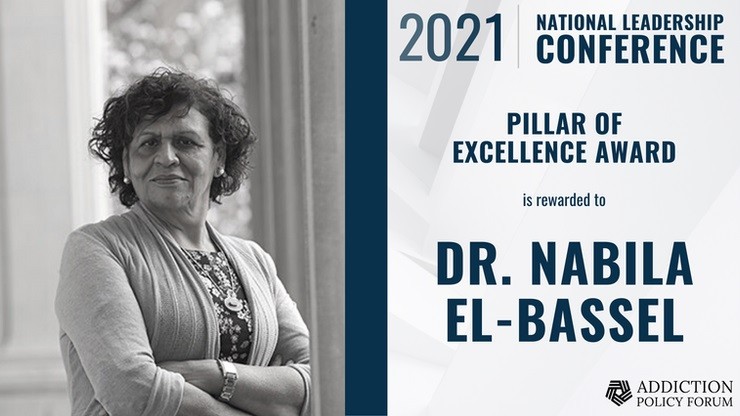 Nabila El-Bassel pictured with award text 
