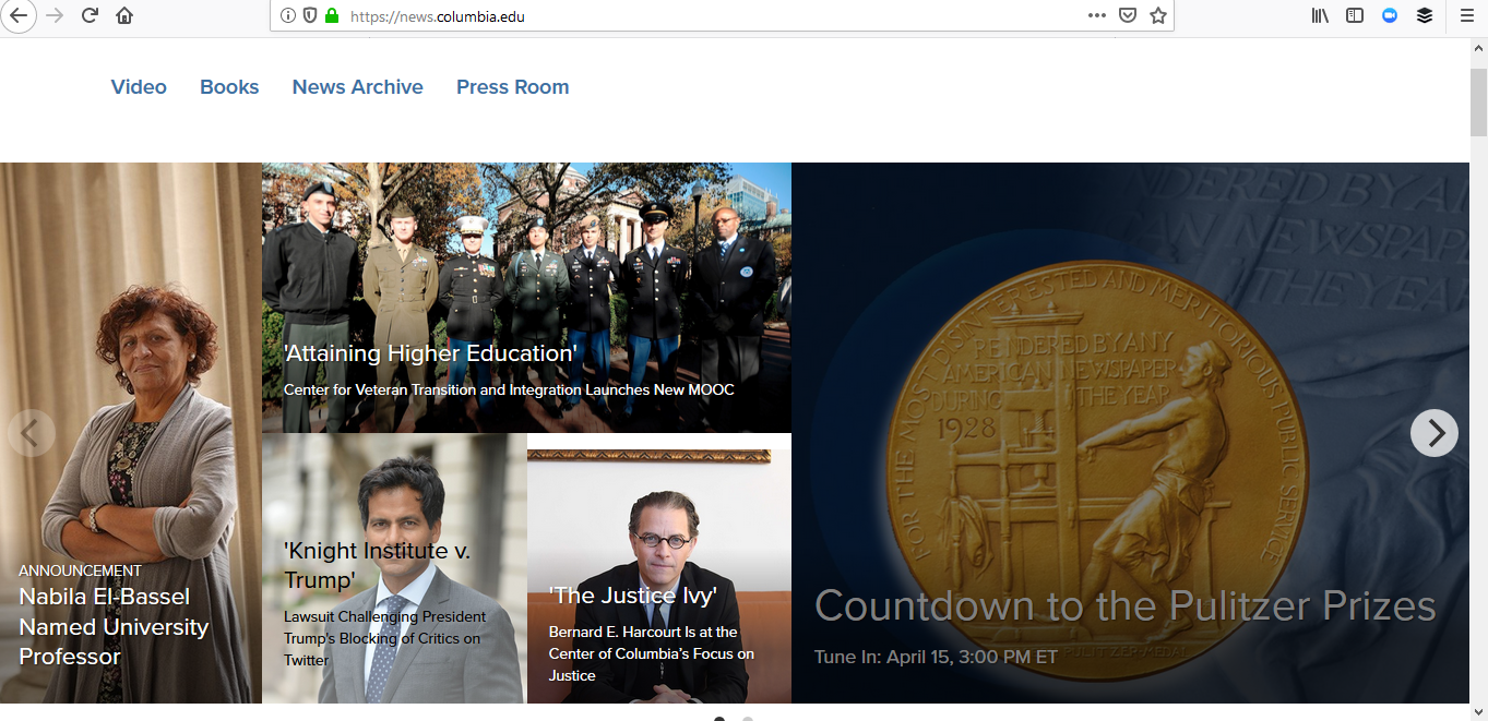 Columbia's homepage with Nabia on front