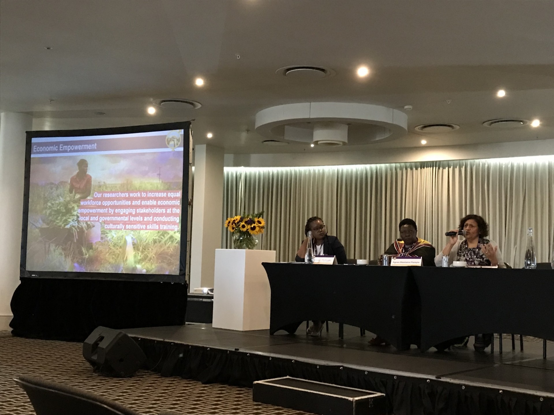 Dr. Nabila El-Bassel presents Panelists presenting a slide, with Nabila talking