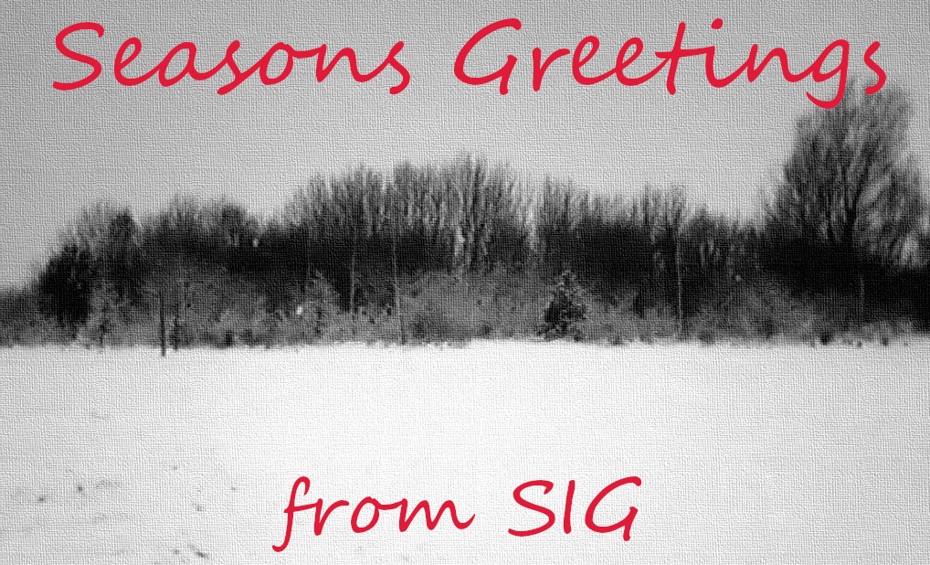 Seasons Greetings over photo of snow scene with winter trees
