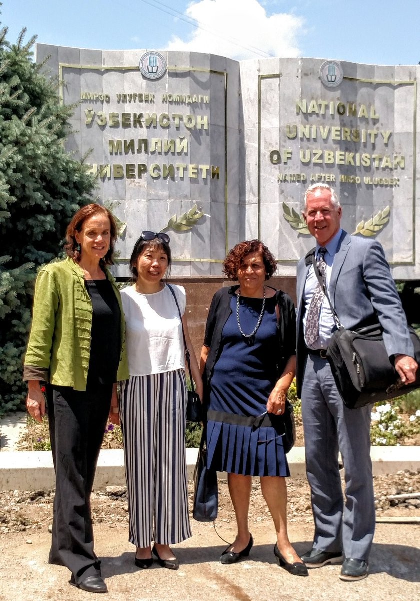 USWEEP team at the National University of Uzbekistan, one of the university partners. L-R: Louisa Gilbert, Lyudmila Kim, Nabila El-Bassel, and Timothy Hunt