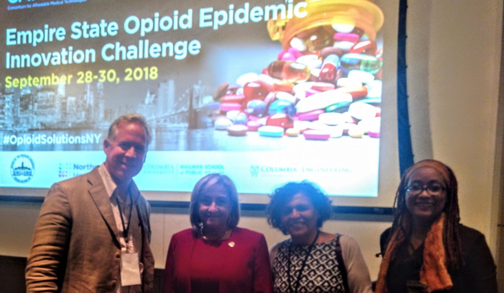 Dr. Timothy Hunt, OASAS Commissioner Arlene Gonzalez-Sanchez, Dr. Nabila El-Bassel, and Dr. Dawn Goddard-Eckrich Photo showing Empire State Opioid Epidemic Innvoation Challenge