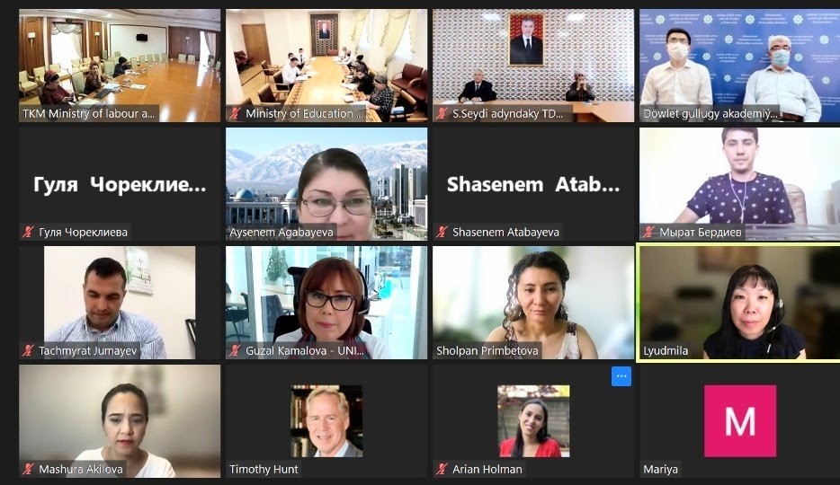 Turkmenistan training in Russian with interpretation, conducted by Russian-speaking project team members Lyudmila Kim, Sholpan Primbetova, Mashkhura Akilova, and Mira Nurkatova along with Hunt and the Columbia and UNICEF regional and local offices zoom photo of the team