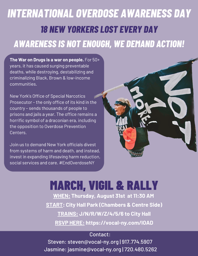 A flyer with information about the International Overdose Awareness Day march, vigil, and rally