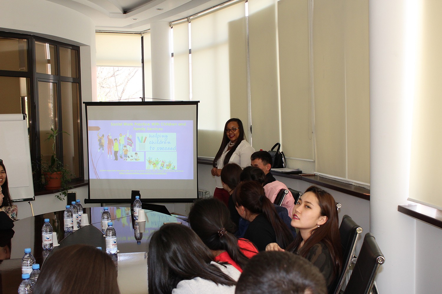 AGPP student Tattianna Unique Wilkes teaching at Kazakhstan National University. “My experience was amazing. Studying and working abroad helped me to build important traits such as independence, adaptability, and initiative. Through the AGPP program, I developed the knowledge and skills essential for acquiring a holistic understanding of the needs of clients, agencies, and society on an international level. In addition, I was able to intervene at individual, organizational, and community levels of practice. Working with the diverse population helped me to acquire skills that I can apply to any group of individuals.” Tattianna Unique Wilkes teaching at Kazakhstan National University