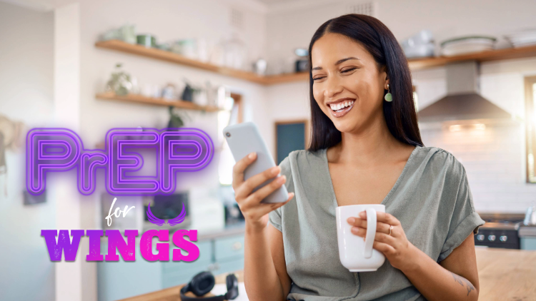 a woman holding a mug and using her smartphone. logo text says prep for wings