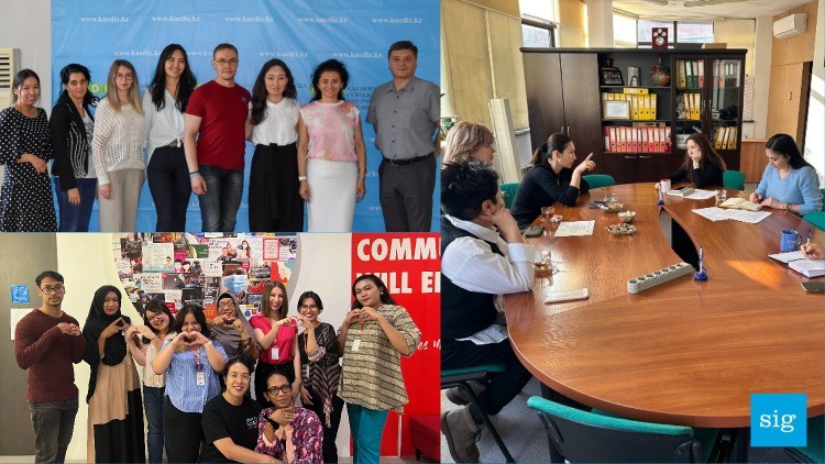 Top left: The team in Kazakstan. Bottom left: The team in Indonesia. Right: A meeting underway in Kazakhstan. Two pitures of project teams and one picture of a meeting taking place