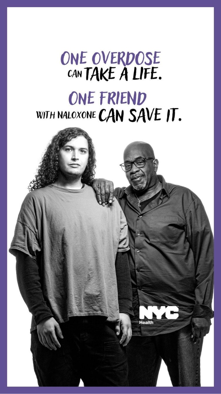 Two people on a white background. Text above their heads says "one overdose can take a life. One friend with naloxone can save it"