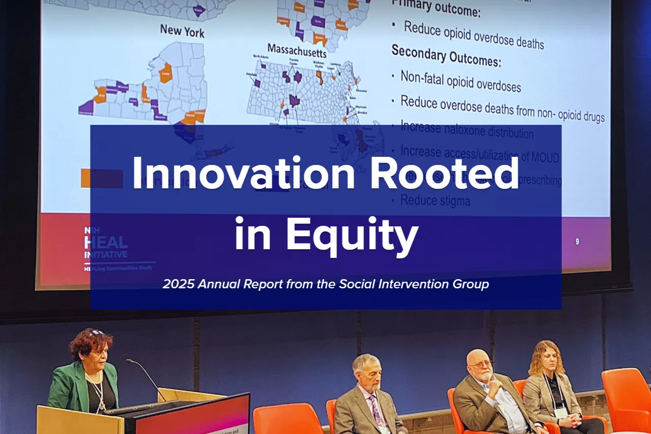 a picture of Nabila El-Bassel giving a presentation with text that says "Innovation Rooted in Equity: 2025 Annual Report from the Social Intervention Group"