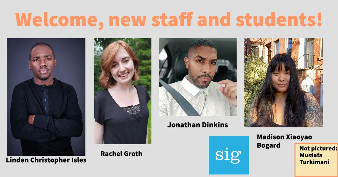 Four of the five students pictured with a welcome greeting 