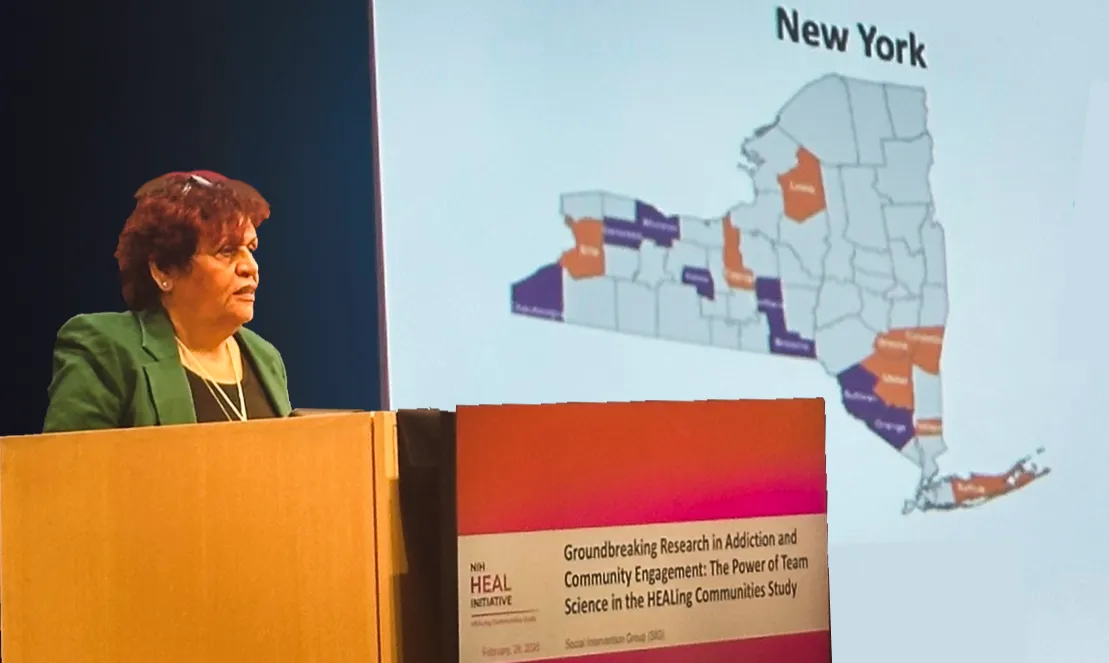 Nabila El-Bassel standing at a lectern in front of a map of New York