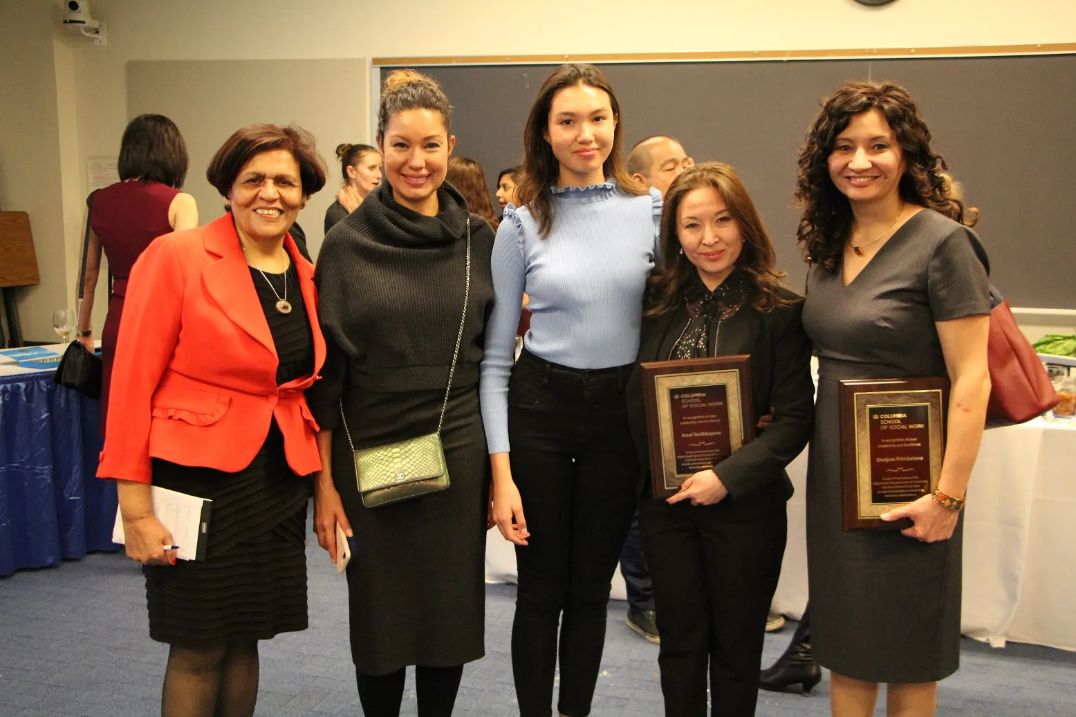 L:R: Dr. Nabila El-Bassel,  Elena Maitekova, Aidana Maitekova, Drs. Assel Terlikbayeva, and Sholpan Primbetova Photo Credit: Dorothy Robinson of the School of Social Work