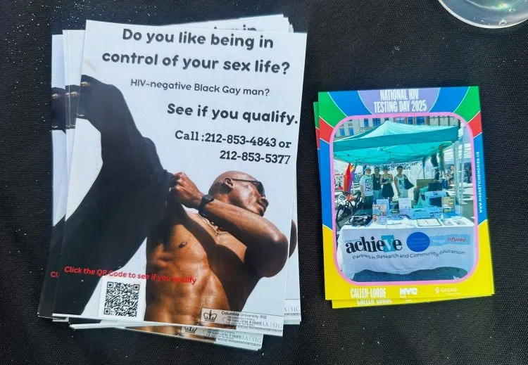 A recruitment sheet for the P3 study for HIV-negative Black Gay men and a magnet with a picture of the Project Achieve table for National HIV Testing Day