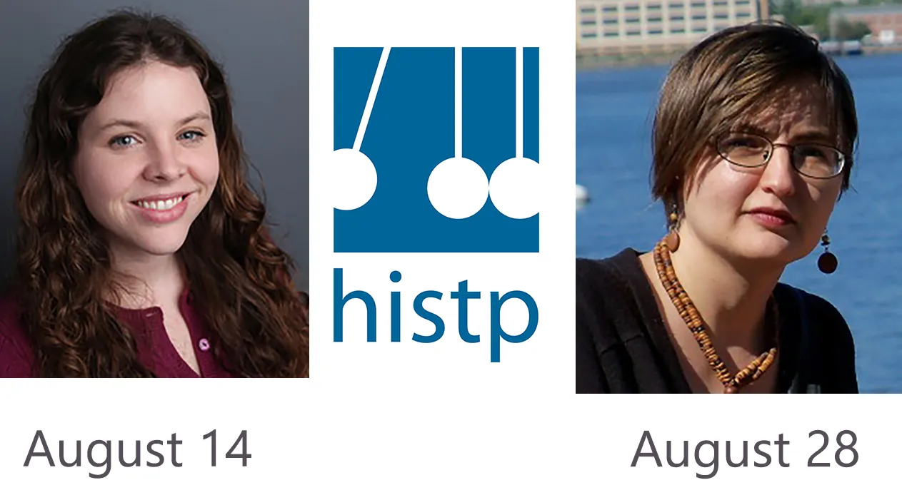 Event placard showing two speakers